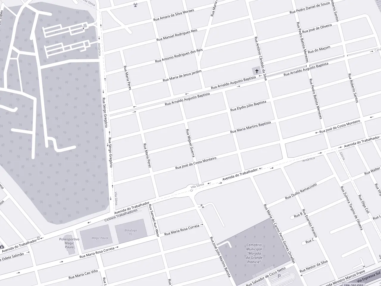 Mapa da Vila Sonia, em Praia Grande, com a Rua Miguel Guerra marcada no centro